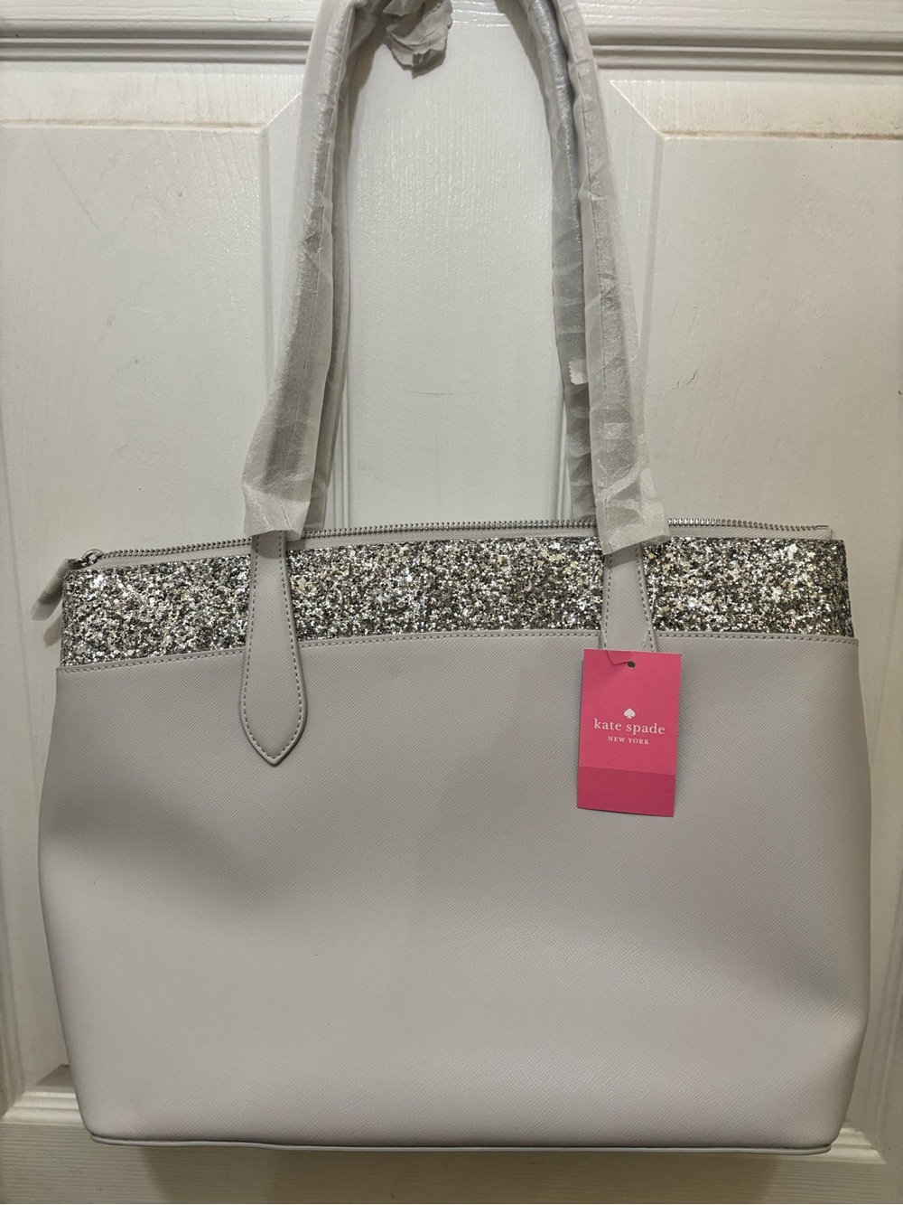 kate spade Silver and Light Gray Glitter Trim Tote